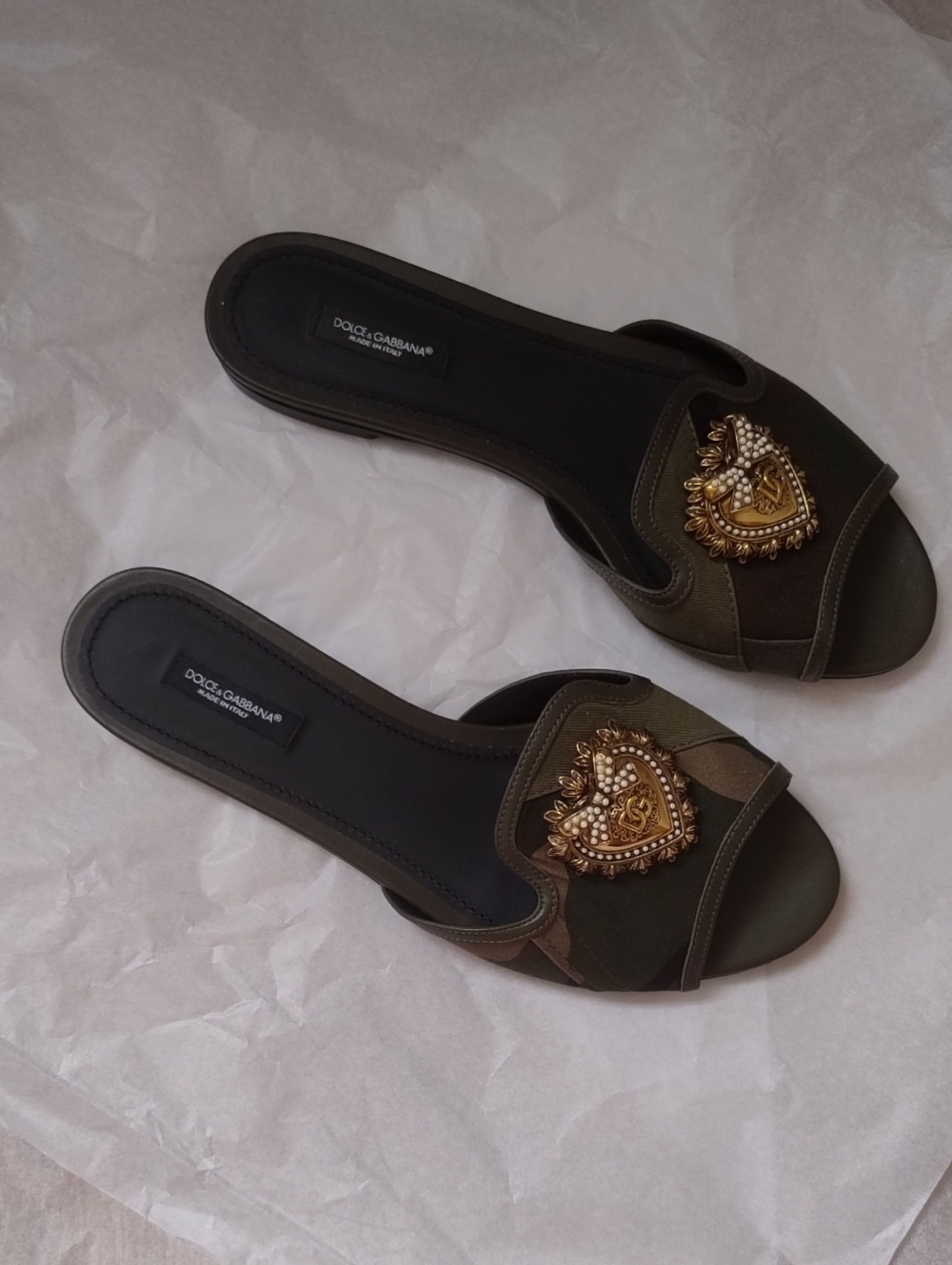 Dolce & Gabbana Olive Green and Black Embellished Slide Sandals New Sz 39